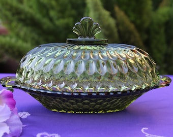 Vintage Carnival Glass, Dish with Lid, Olive Green ,Covered Dish, Candy Dish, Trinket Dish,