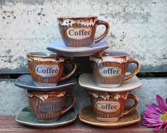 Set of 5 ,Vintage "Alpine Cuisine" ,Espresso cups with Saucers, Square Saucers, Multi Colour Coffee Cups, Demitasse  Coffee Cups, Pottery