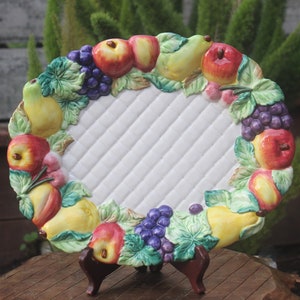 Vintage, Villeroy & Boch, Large Majolica Style Platter, Serving Dish, Oval Platter ,Fruit Border, Quilt Pattern, Harvest Platter,Large Plate