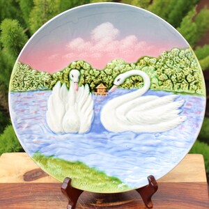Large German Ceramic Plate,Majolica,  Two Swans on a Lake, 3 D design, Hand Painted, Wall Hanging , 1970'S, Numbered Plate, 12 X 12
