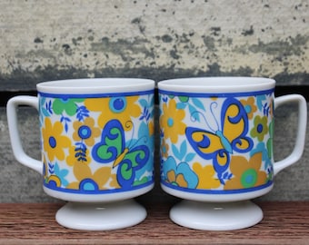 Set of 2, Vintage  1970's Mugs,  Butterflies and Flowers, Footed Coffee Cups, Small Mugs, Stackable Mugs, Retro Coffee Mugs, 70's Tea mugs