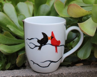 Vintage Mug, Cardinals, Hand Painted, Mary Wibis, Bird Coffee Mug, Elevated Free Hand Design. Valentines Gift!