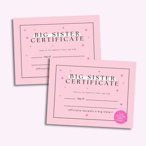 Big Sister Certificate Printable | Big Sis Printable | Promoted to Big Sister | Big Sister Announcement | New Baby