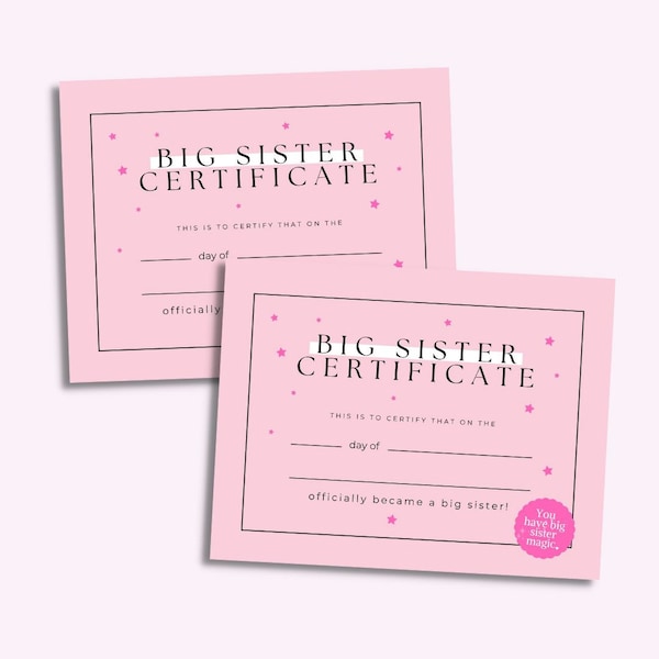 Big Sister Certificate Printable | Big Sis Printable | Promoted to Big Sister | Big Sister Announcement | New Baby