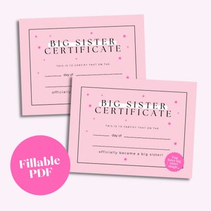 Big Sister Certificate Fillable Printable Big Sis Printable Promoted to ...