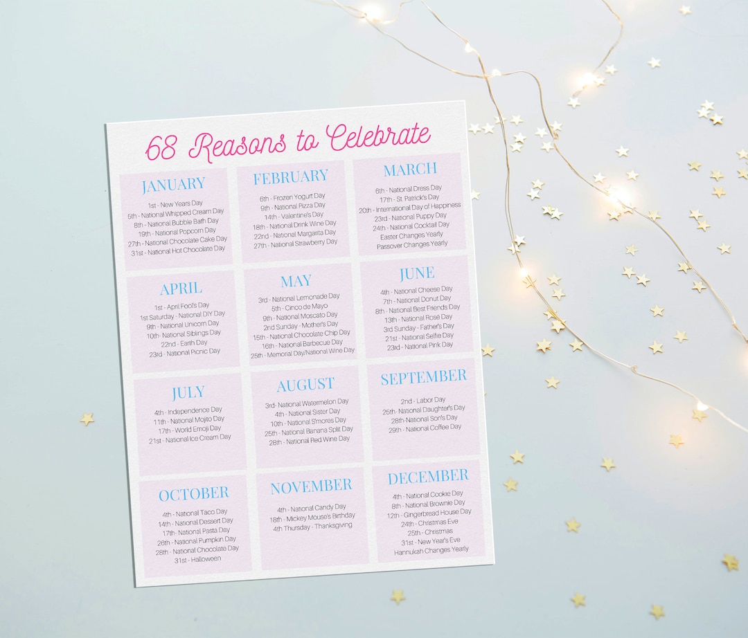 Reasons to Celebrate Printable | List of Holidays | List of National Holidays | Instagram ...