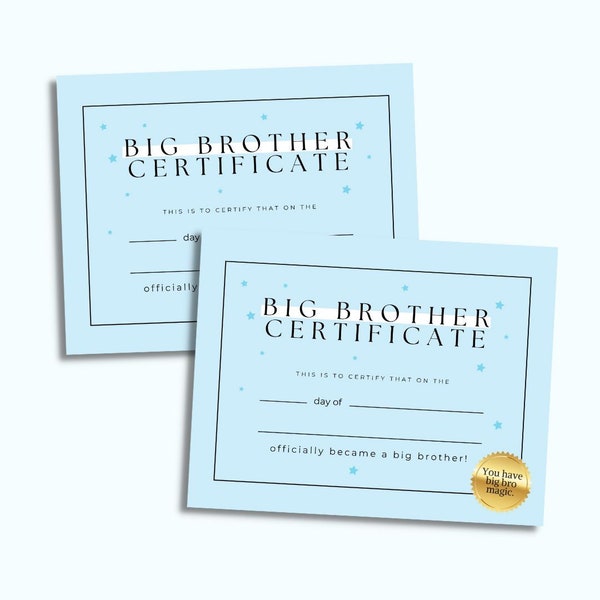 Big Brother Certificate Printable | Big Bro Printable | Promoted to Big Brother | Big Brother Announcement | New Baby