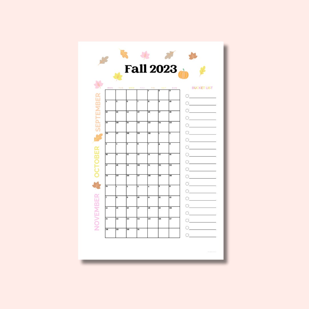 Printable Fall Calendar Fall Printable Fall Monthly Calendar September October November - Etsy
