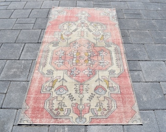 Vintage Oushak Runner Rug: 3x6 Turkish Wool Rug, Pastel Pink