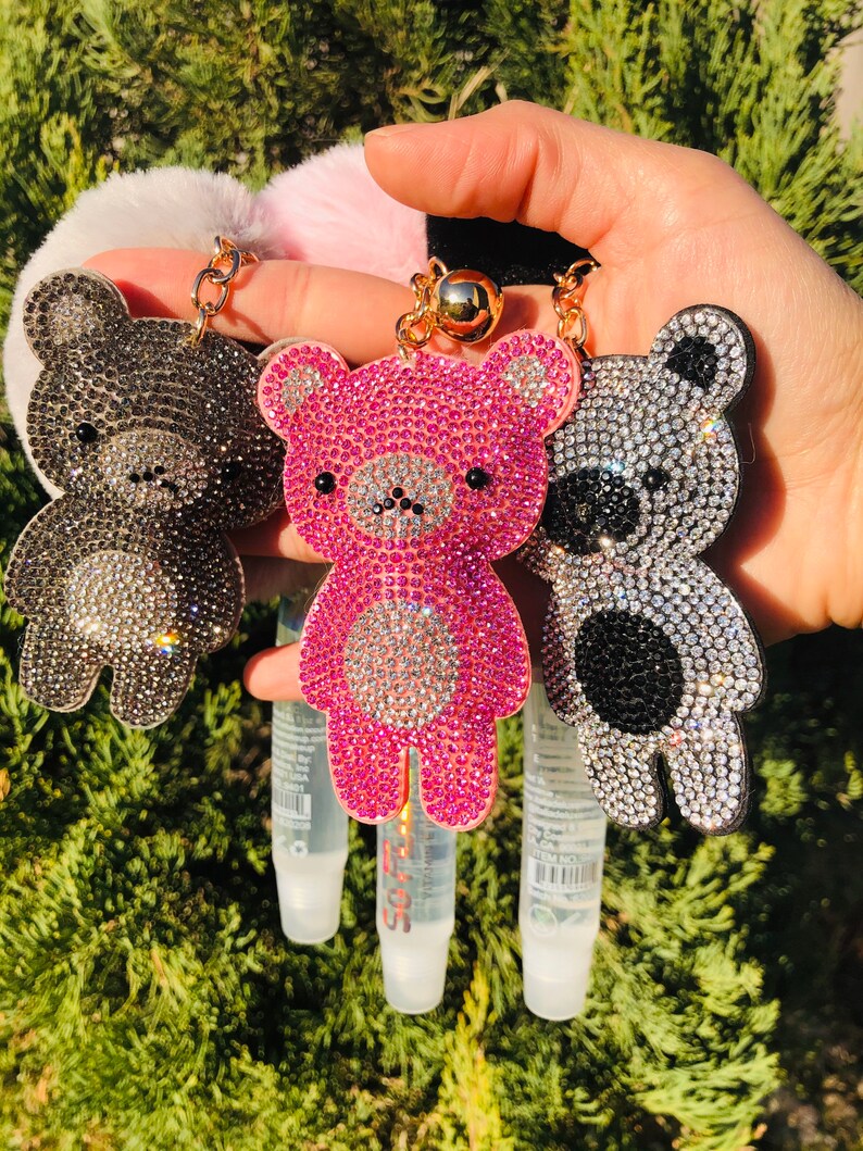 PINK Cute Bear Keychain Rhinestone Keychain Lipgloss | Etsy