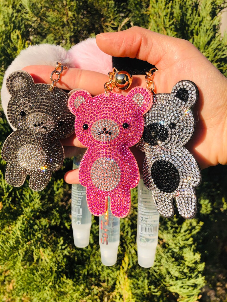 PINK Cute Bear Keychain Rhinestone Keychain Lipgloss Etsy