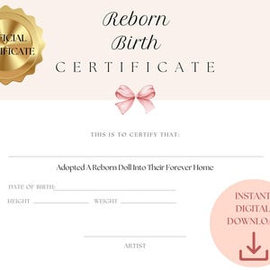 Certificato di nascita per bambola reborn, stampa digitale, bambola in silicone, certificato per bambina reborn