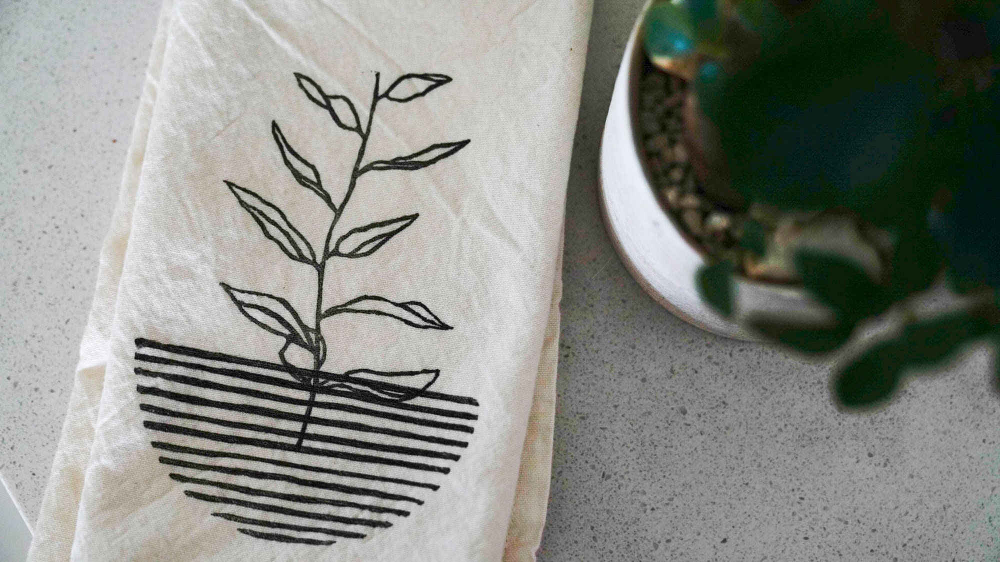 Hand Printed Botanical Tea Towel, Minimalist Linocut Art