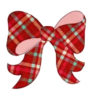 May include: A decorative red plaid bow with a black outline. The bow features a classic bow shape with two loops and two streamers. The plaid pattern includes red, orange, and teal squares. The bow is perfect for holiday decorations.
