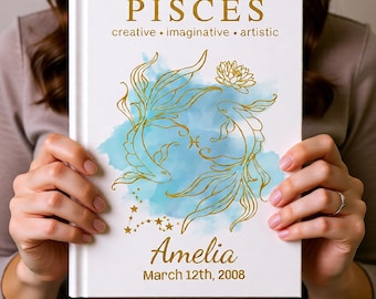 Pisces Gift - Personalized Zodiac Hardcover Notebook Journal | Custom Name and Birthdate Astrology Present