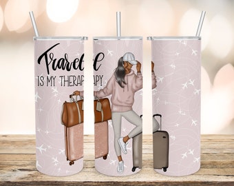 Travel Girl Therapy Sublimation Designs Downloads-Black Travel Girl-Skinny Straight Tumbler 20oz Design-PNG Commercial Use