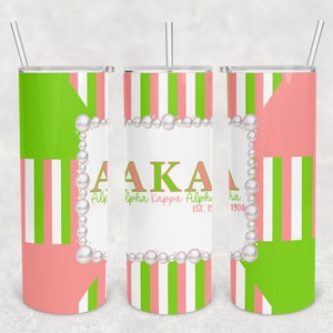 Alpha Kappa Alpha Sublimation Designs Downloads-Pink and Green-Pearls-AKA-Skinny Straight Tumbler 20oz Design-PNG Commercial Use