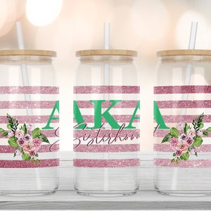 AKA PNG-16oz Glass Can-Alpha Kappa Alpha-Pink and Green-Sublimation Design-PNG Commercial Use