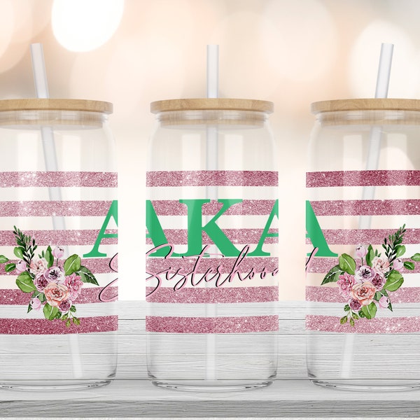 AKA PNG-16oz Glass Can-Alpha Kappa Alpha-Pink and Green-Sublimation Design-PNG Commercial Use