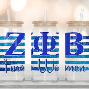 Zeta Phi Beta-16oz Glass Can-ZPB-Blue and White-Sublimation Design-PNG Commercial Use-Wrap Design