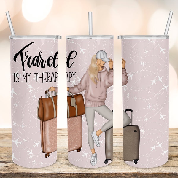 Travel Girl Therapy Sublimation Designs Downloads-White Skin Girl-Skinny Straight Tumbler 20oz Design-PNG Commercial Use