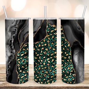 Black Gold and Teal Leopard Print Sublimation Designs Downloads-Skinny Tumbler 20oz Design-PNG Commercial Use