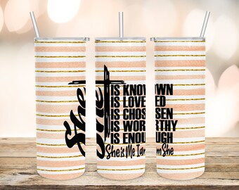 She Is Sublimation Designs Downloads-Coral & Gold Glitter Strips-Skinny Straight Tumbler 20oz Design-PNG Commercial Use