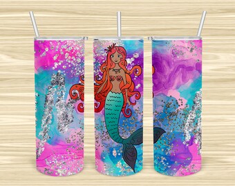 20oz Mermaid Sublimation Designs Downloads-Black Mermaid-The Little Mermaid-Straight Skinny Tumbler 20oz Design-PNG Commercial Use