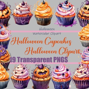 Watercolor Halloween Cupcake Clipart Halloween PNG Digital Image Downloads Card Making Scrapbook Junk Journal Paper Crafts