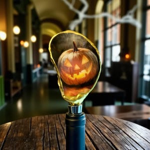 May include: A Halloween-themed bottle stopper featuring a carved pumpkin design. The pumpkin is set within a gold-edged, shell-shaped frame, atop a black bottle. The background is a blurred interior setting.