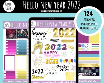 New Years 2022 Digital Planner Stickers | Pre-Cropped Stickers | Goodnotes File | Individual PNG Images
