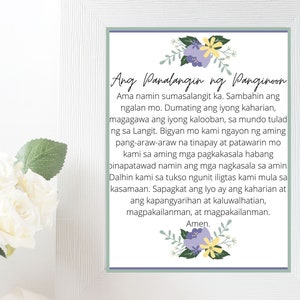 May include: A printable prayer card with a floral design and the text "Ang Panalangin ng Panginoon" and the Lord's Prayer in Tagalog.