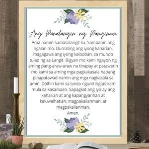 May include: A printable prayer card with a floral design at the bottom. The text reads "Ang Panalangin ng Panginoon" and includes the Lord's Prayer in Tagalog.