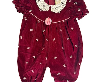 Vintage Baby Togs Burgundy Velvet Rosebud Lace Romper 3-6 Months Holiday Retro