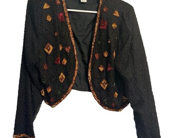 Styleworks Vintage Silk Beaded Bolero Jacket Black Geometric Evening Size 18