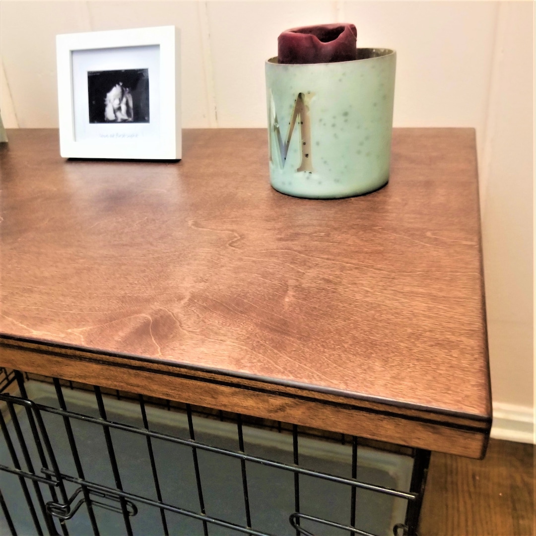 Image showcasing Wood Dog Crate Topper: Black Cherry Stain, Pet-safe Table - Etsy