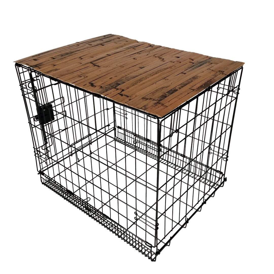Image showcasing Bamboo Dog Crate Topper: Dark Chocolate Pet Kennel Cover & Tabletop - Etsy