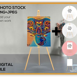 May include: A digital download of a colourful mandala-style elephant illustration. The image is on a canvas on an easel. The image is available in PNG and JPEG formats. The text "Your Passion Made" is on three mockups of the image.