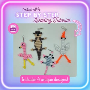 May include: A printable step by step beading tutorial featuring four animal-shaped bead charms. The designs include a pink flamingo, a brown and tan otter, a gray mouse, and a white bird with orange accents, each attached to a metal jump ring.