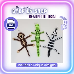 May include: A printable PDF beading tutorial featuring three animal-shaped bead figures: a brown monkey, a green lizard, and a black and white zebra. The text reads Printable STEP BY STEP BEADING TUTORIAL and Includes 3 unique designs!