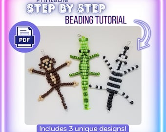 May include: A printable PDF beading tutorial featuring three animal-shaped bead figures: a brown monkey, a green lizard, and a black and white zebra. The text reads Printable STEP BY STEP BEADING TUTORIAL and Includes 3 unique designs!