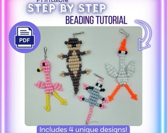 May include: A printable PDF step by step beading tutorial featuring four animal-shaped beaded charms: a pink flamingo, a brown and tan otter, a gray and pink mouse, and a white and orange bird, each with a metal lobster clasp attachment.