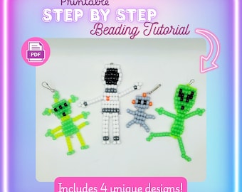 Pony Bead Keychain Patterns, Space Themed, Robot, Alien, Astronaut Craft Tutorial (Digital PDF Download)