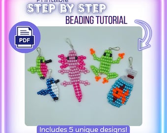May include: A printable PDF step by step beading tutorial featuring five beaded charms: a green and pink hummingbird, a blue and white bird, a pink axolotl, a green frog, and a blue fishbowl with an orange fish, each with a metal clasp.