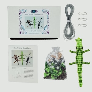 May include: A Zoo Animal Bead Pet Kit including a white box with product text, a coil of gray plastic lacing cord, three metal lanyard hooks, an instruction sheet, a clear bag of assorted beads, and a finished green beaded lizard figure.