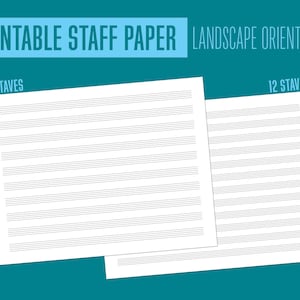 Op de afbeelding: Twee bedrukbare vellen met notenbalken in liggende vorm. Het linker vel heeft 10 notenbalken en het rechter vel heeft 12 notenbalken.