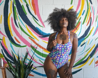 1N  Vintage Geometric Swimsuit | 90's Colorful Swimwear | Printed Swimsuit Back Cut Out | Vintage One Piece | Printed Body Suit | Size S