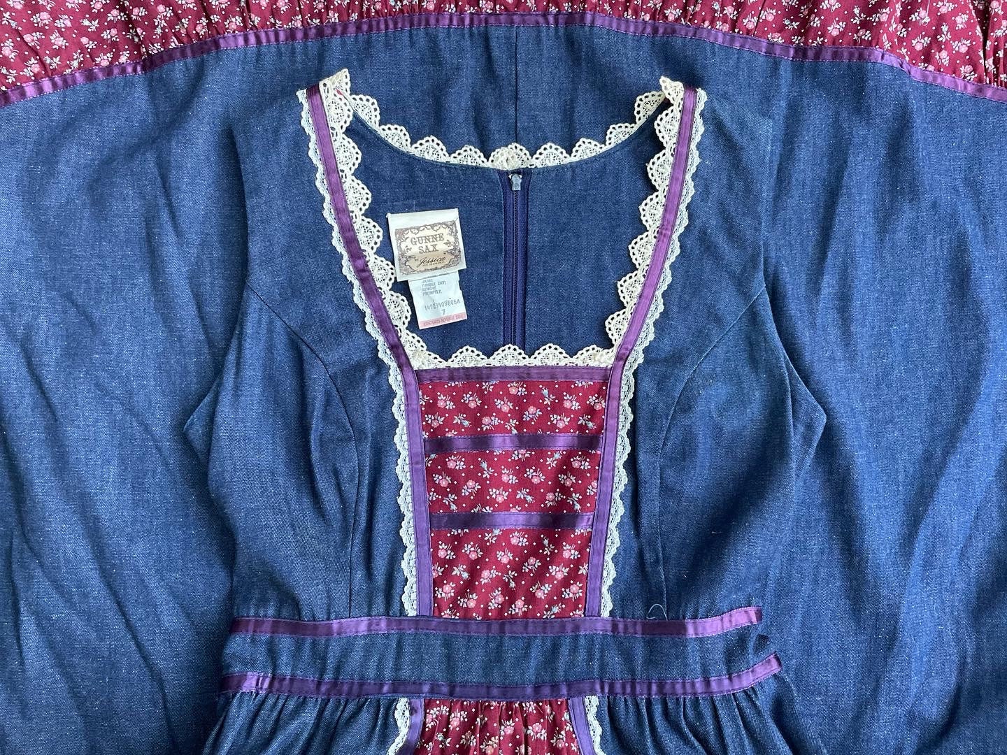 Gunne Sax Denim & Burgundy Calico Midi Sundress, 1970s Jessica ...