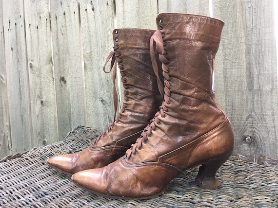 Antique Victorian Boots High Top Shoes Edwardian Spool 