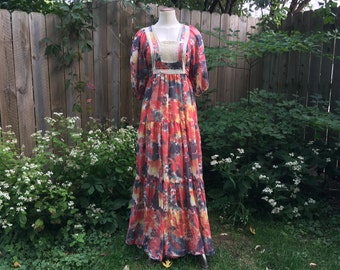 Gunne Sax Style 1970s Dress, Water Color Painting Novelty Print, Prairie Cottagecore, Empire Waist 70s Maxi